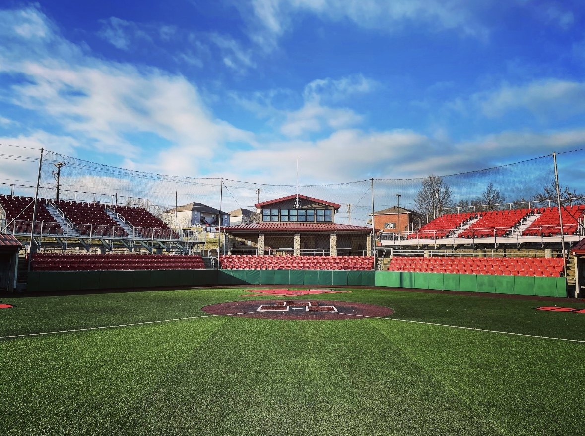 The grandstand and press box at Crane Stadium from home plate